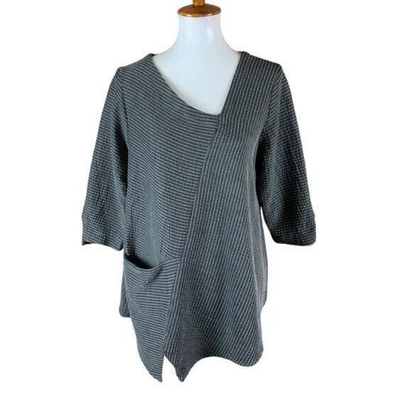 Niche Nilgun Derman Gray Striped Textured Tunic Top Asymmetric Hem Pocket Small - Picture 1 of 6